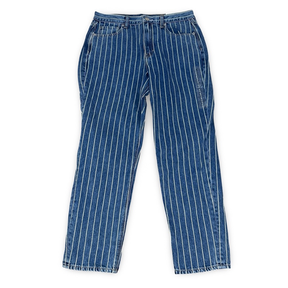 American Eagle Mom Jeans Blue White Pinstripe High Rise 8 Short 1801-477 NWT